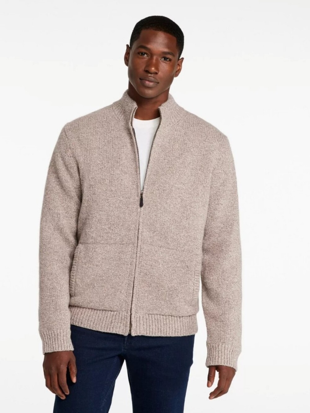 L.L. Bean classic Ragg wool taupe knit full-zip sweater jacket